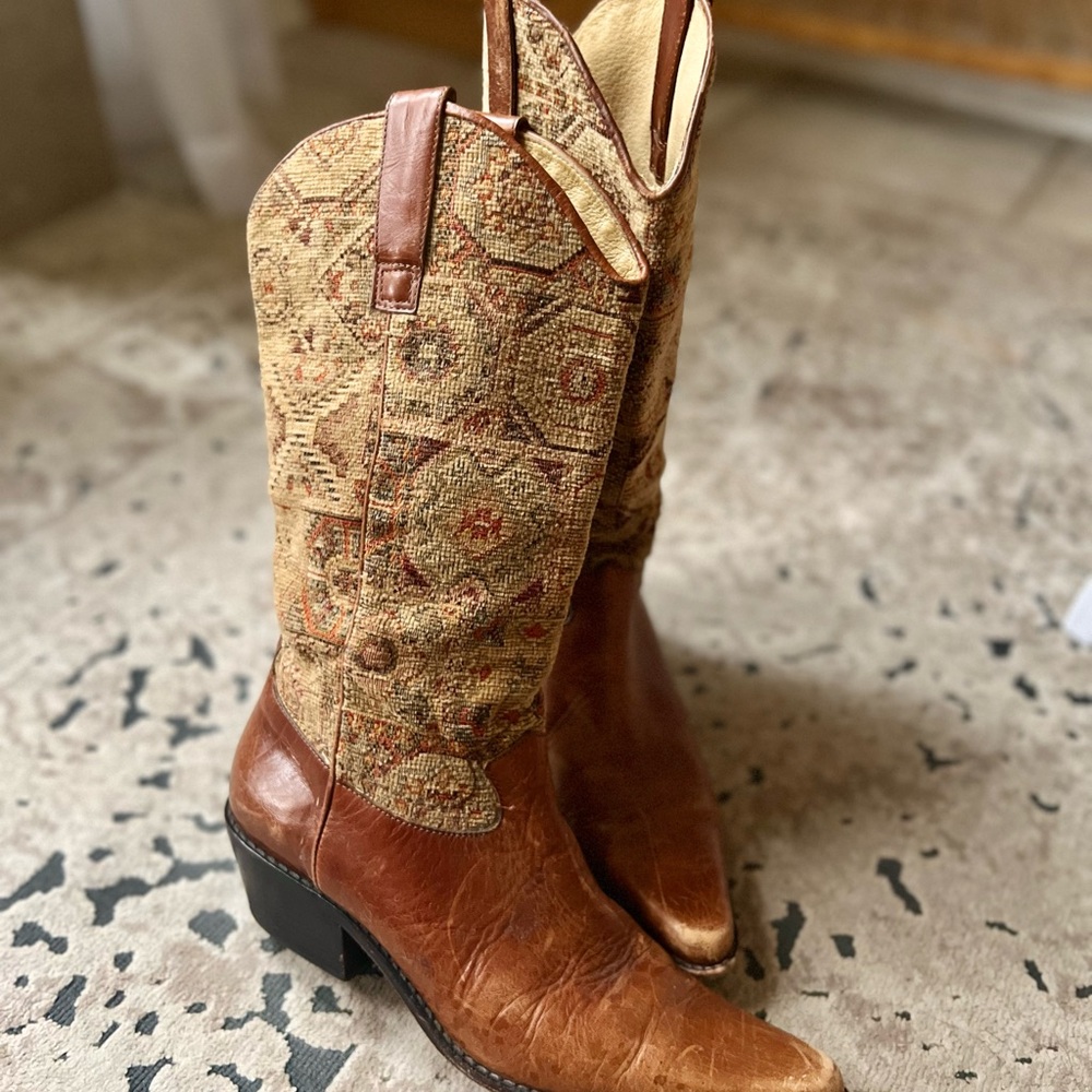 Vintage Leather and Tapestry Cowboy Boots